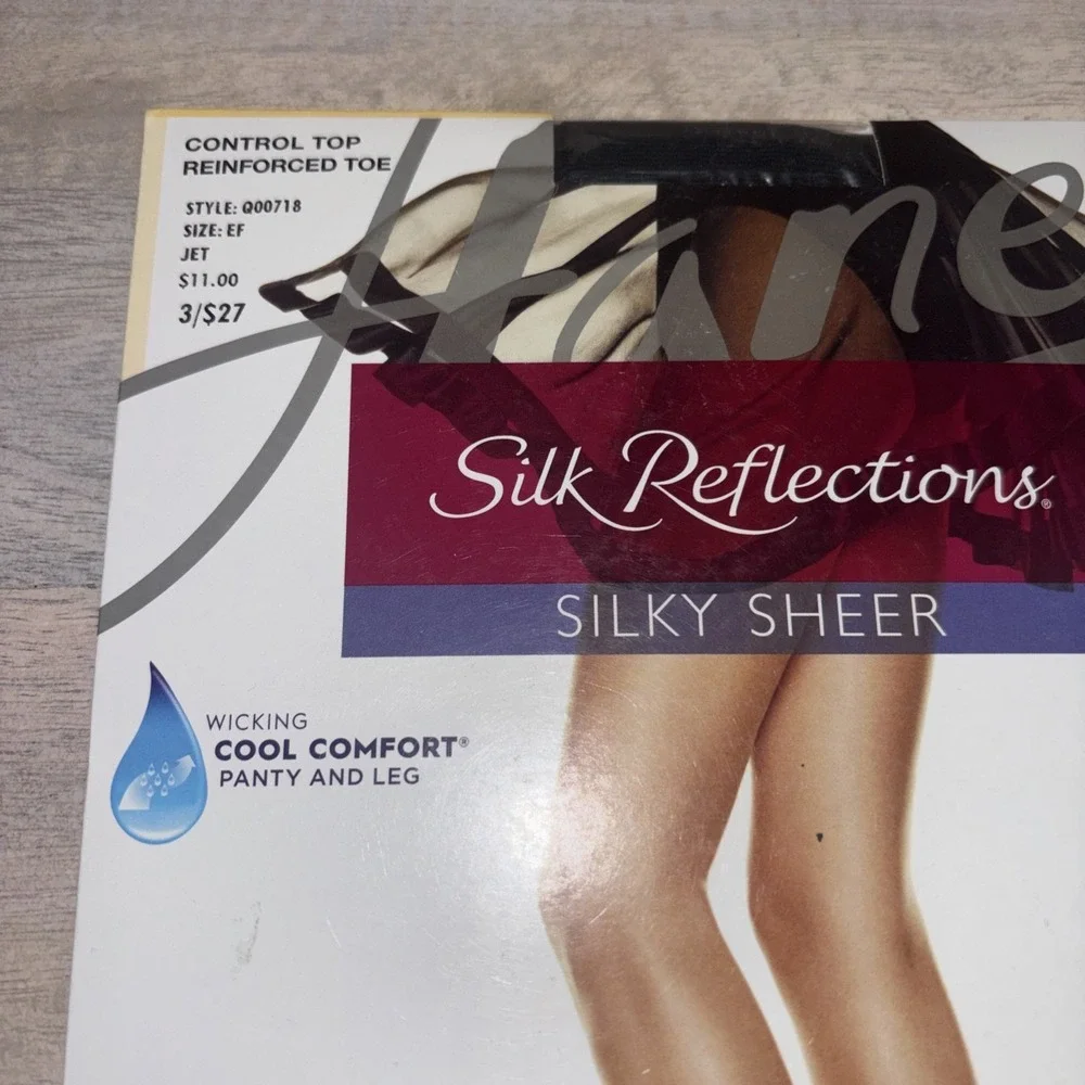 Pantyhose Hanes Sheer Silk Reflections Control Top Cool Comfort‎ Sz EF Jet Black